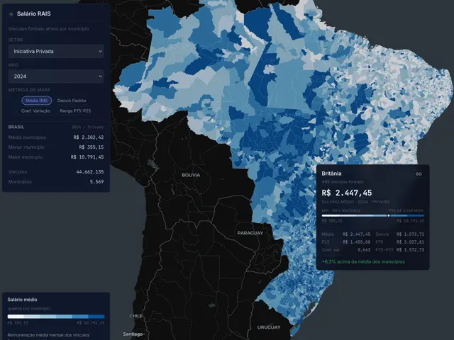 Choropleth map of Brazil with municipalities colored by the average wage of formal employment contracts in RAIS