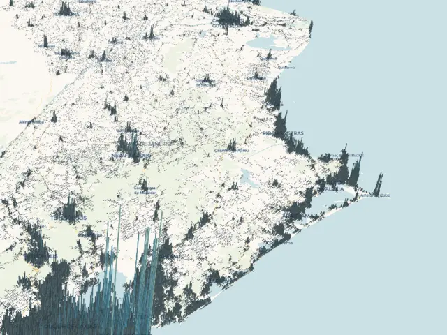 3D map of the state of Rio de Janeiro with vertical spikes marking the concentration of religious establishments