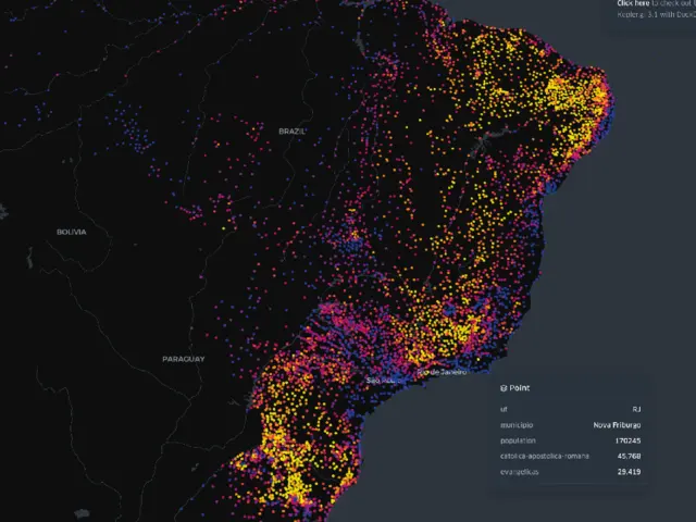 Map of Brazil with municipalities colored from yellow (Catholic predominance) to purple (Evangelical predominance)